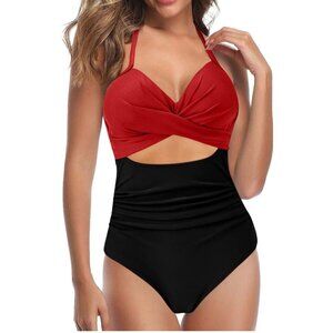 Red & Black One-Piece Swimsuit With Crisscross Front & Cutout Design Size L